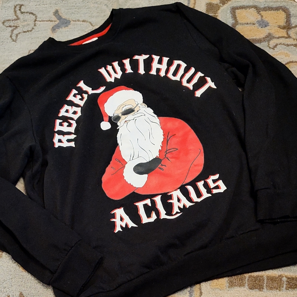 Holiday Time Black Crewneck 'Rebel Without a Claus' with Red Santa Graphic